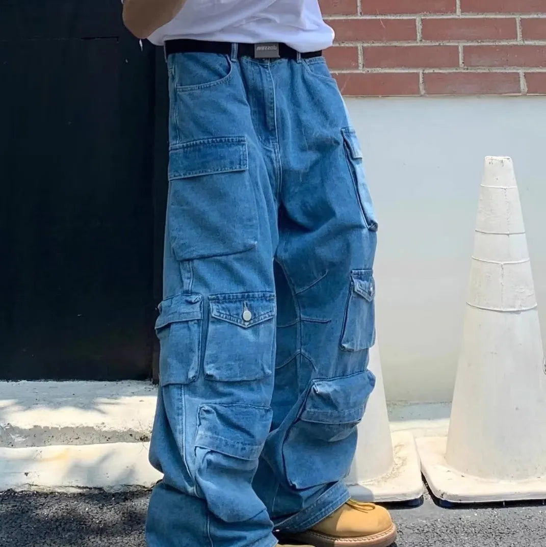 Men's blue straight-leg denim jeans with mid-waist and zip fly