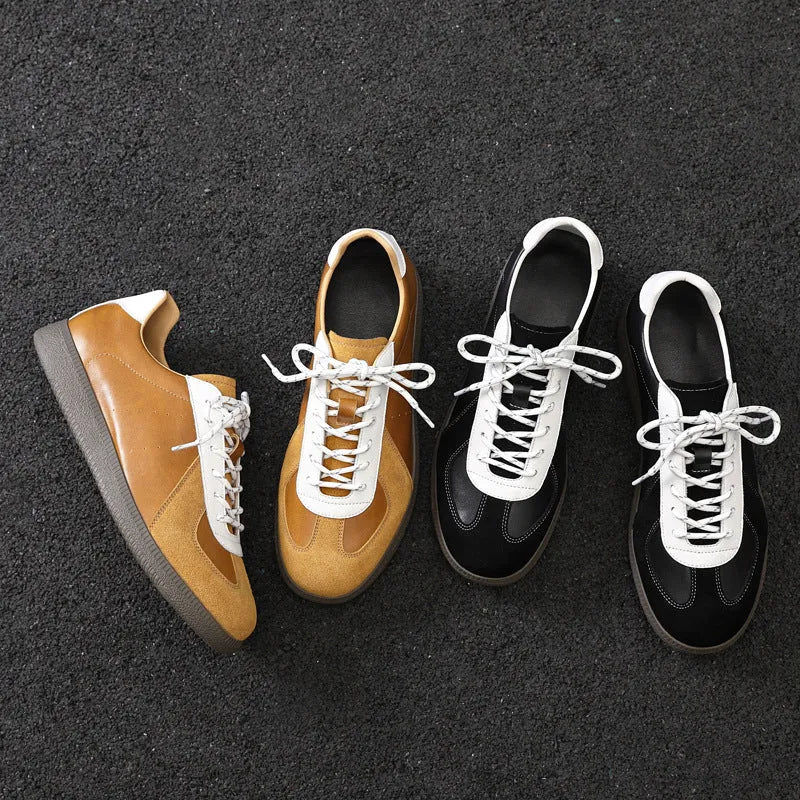 Men's broad casual leather shoes in solid colour, round toe, front lace-up, black and yellow options