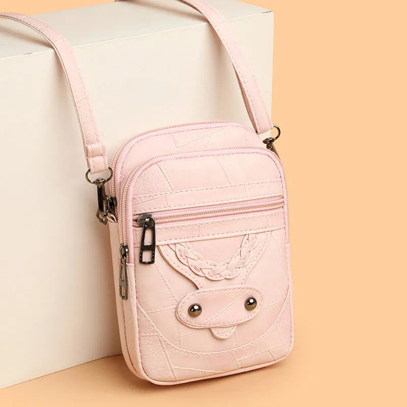 Soft PU leather retro mobile phone bag in square vertical design with woven accents and rivets