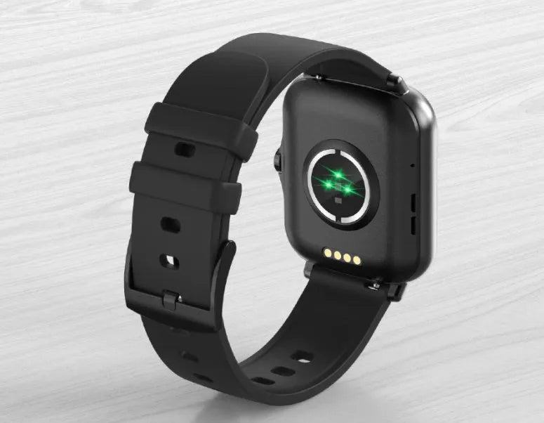 Black smart sports watch with a 1.7-inch colour touch screen on a adjustable strap, showing the home screen interface.