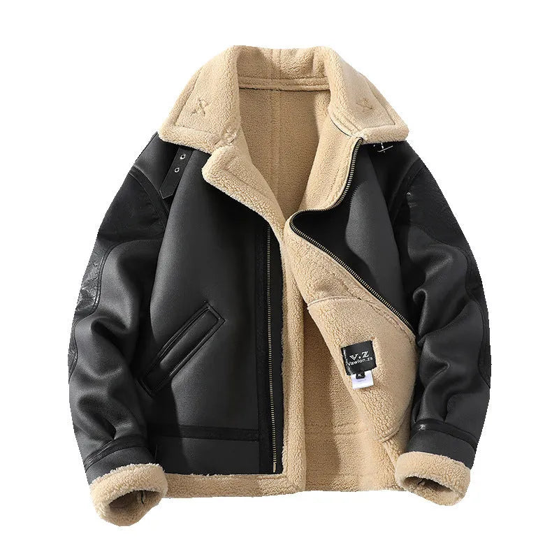 Black men's winter fleece-lined PU leather coat, short retro style, sizes M to 5XL