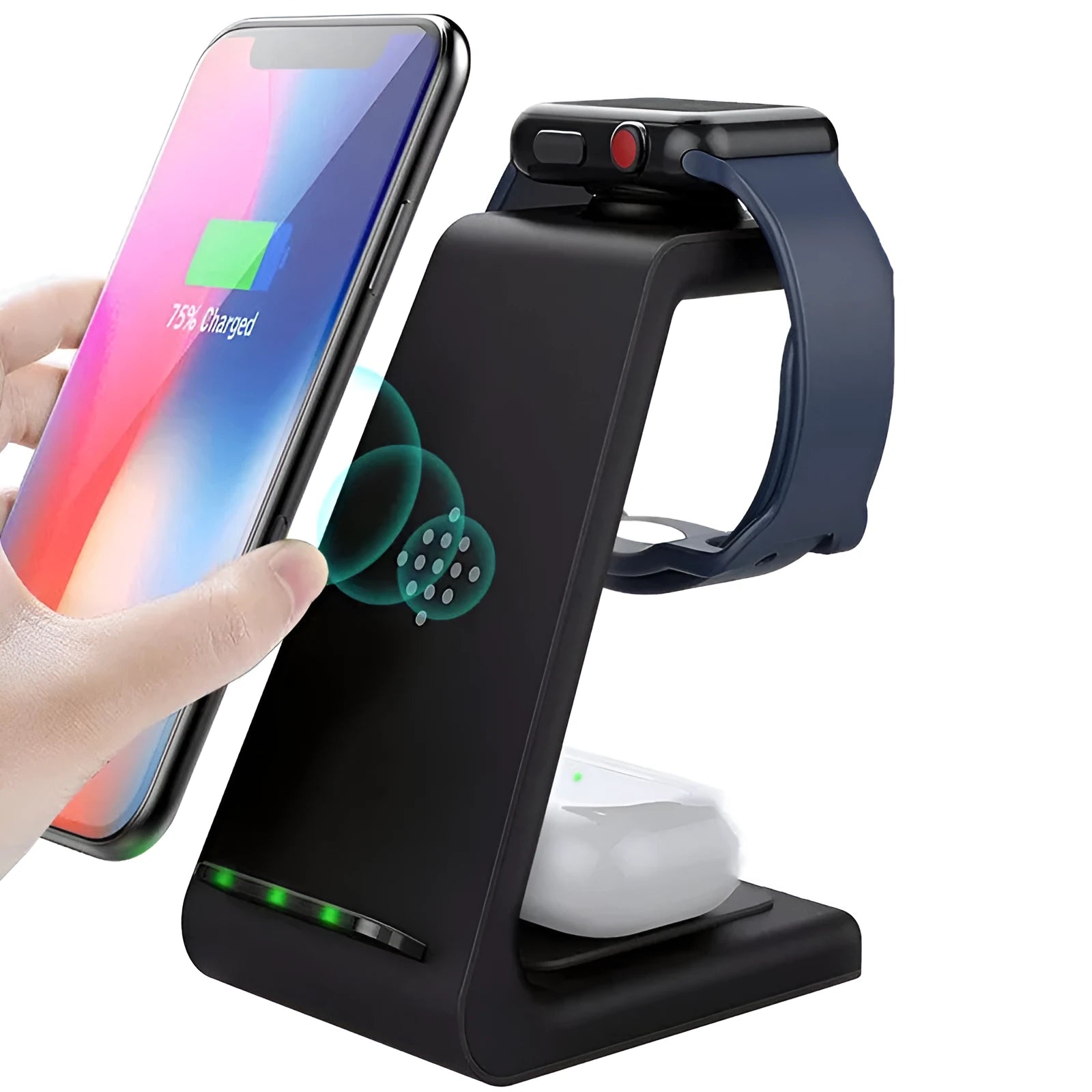 T3 wireless charging pad in black, white or grey colour next to UK or US fast charger plug for iPhone and Samsung phones.