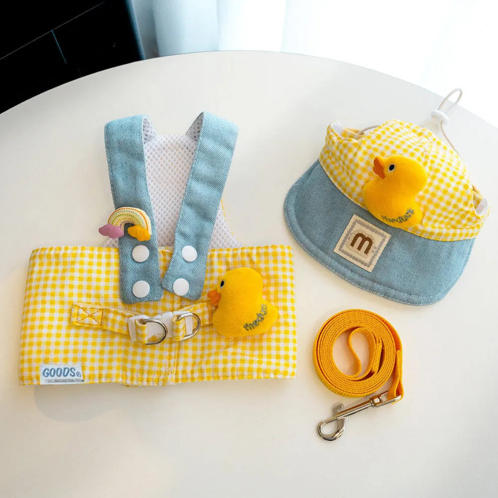 Pet harness and leash set with wire rope pulling rope, matching cat clothes and hat for dogs and cats