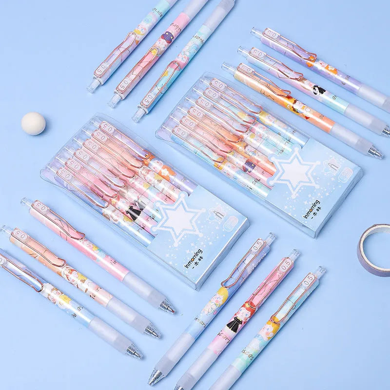 Six constellation cartoon gel pens with 0.5mm metal tips and blue ink
