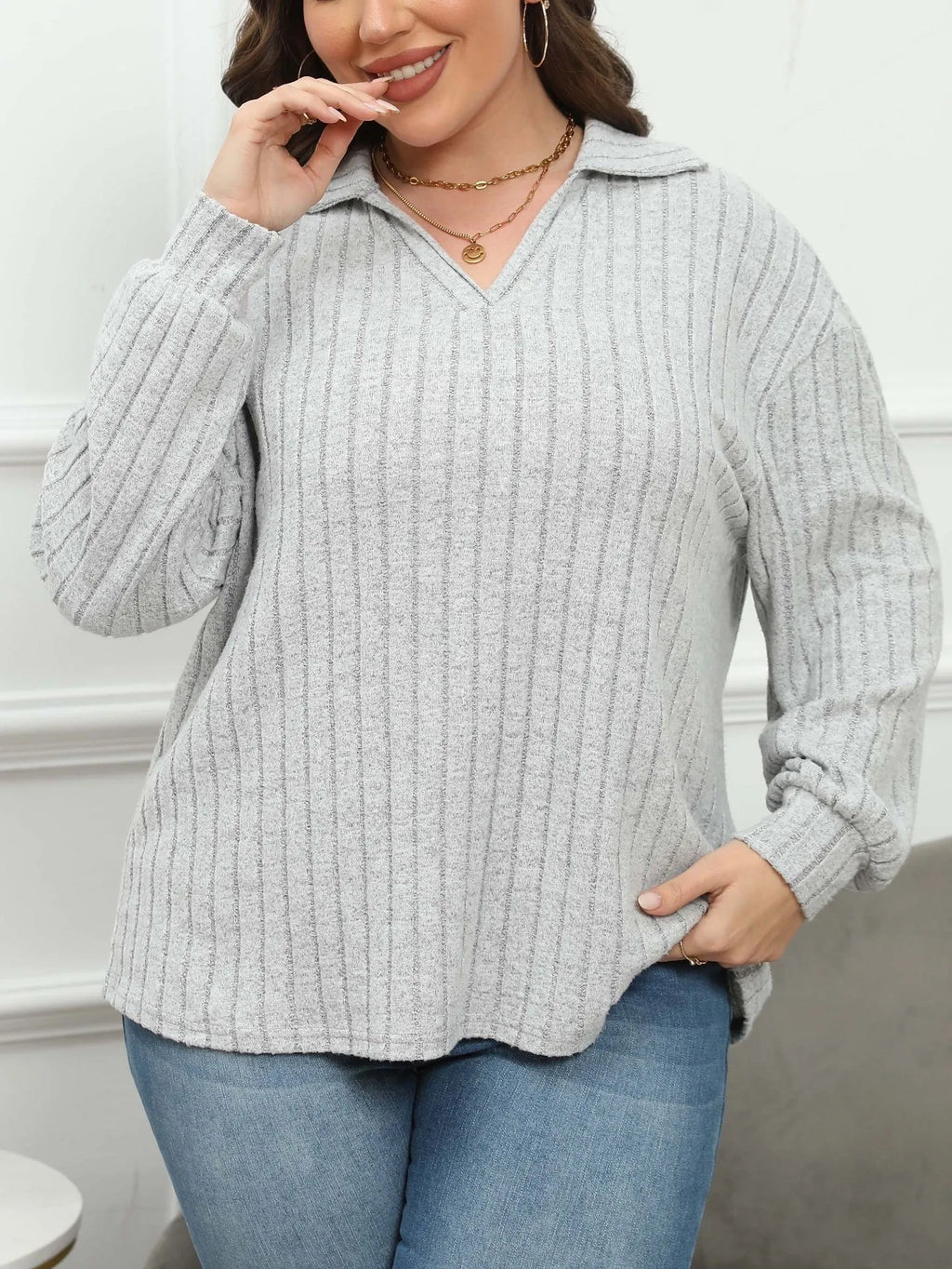 Women's plus size grey polo collar shirt with lantern sleeves in Gothic street style.