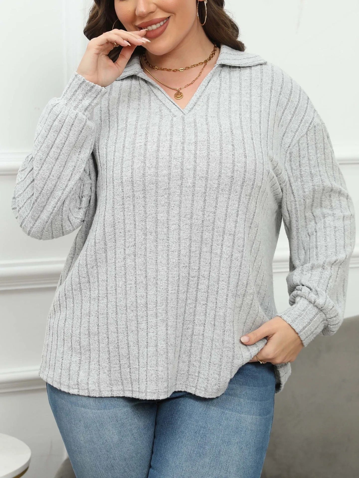 Women's plus size grey polo collar shirt with lantern sleeves in Gothic street style.