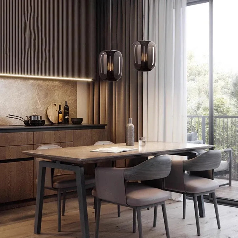 Minimalist glass chandelier in clear, cognac, or smoky grey colour, 16cm diameter.