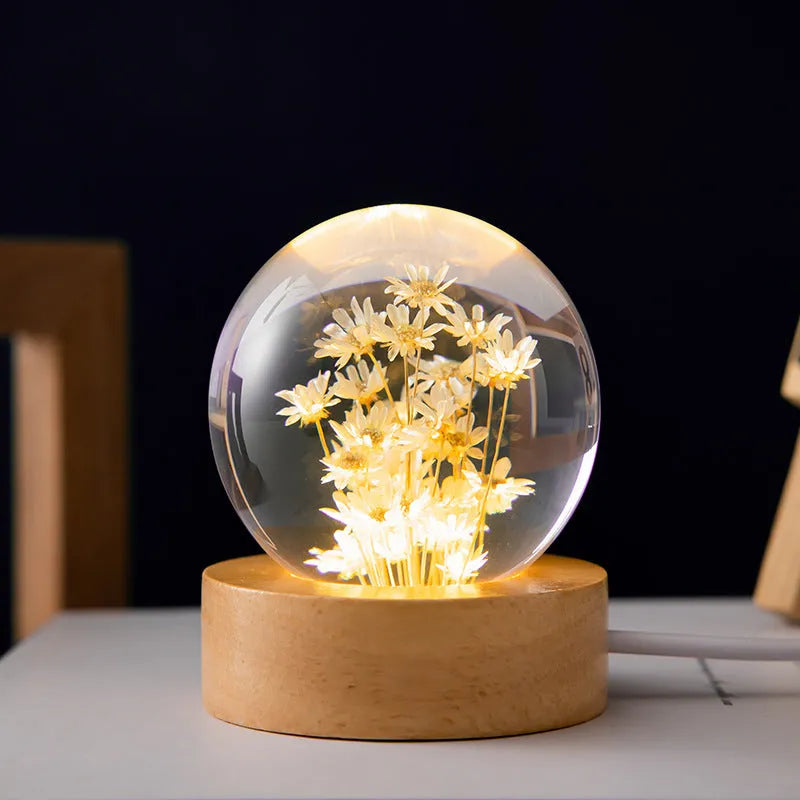 3D dandelion flower inside a 60mm clear crystal ball night light on a beech wood stand