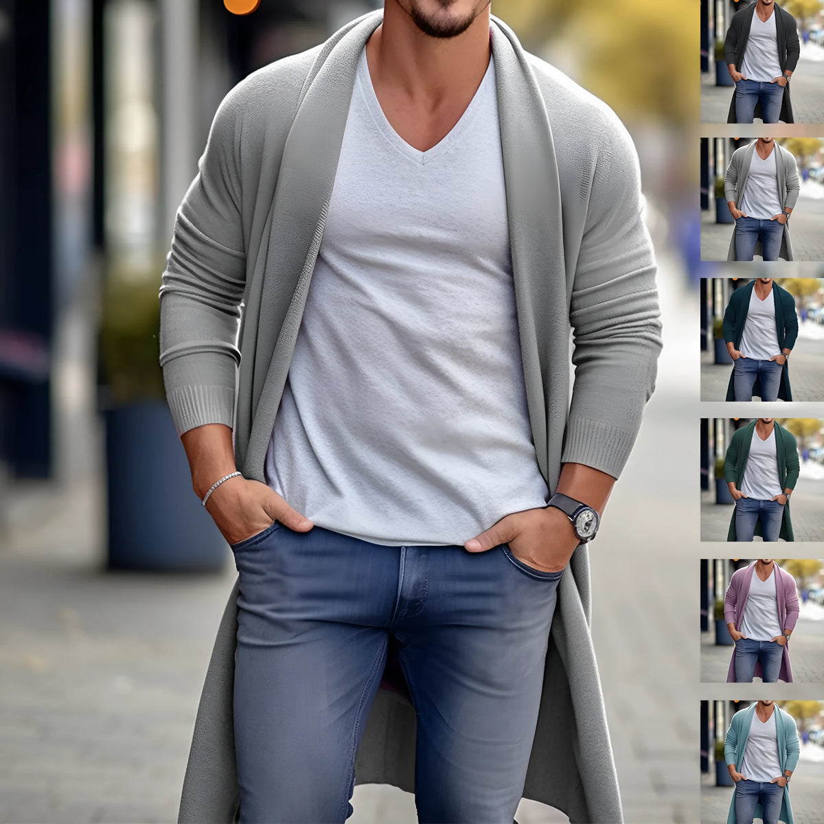 Men's loose long coat in polyester fibre, sizes M to 3XL, shown in a choice of six colours