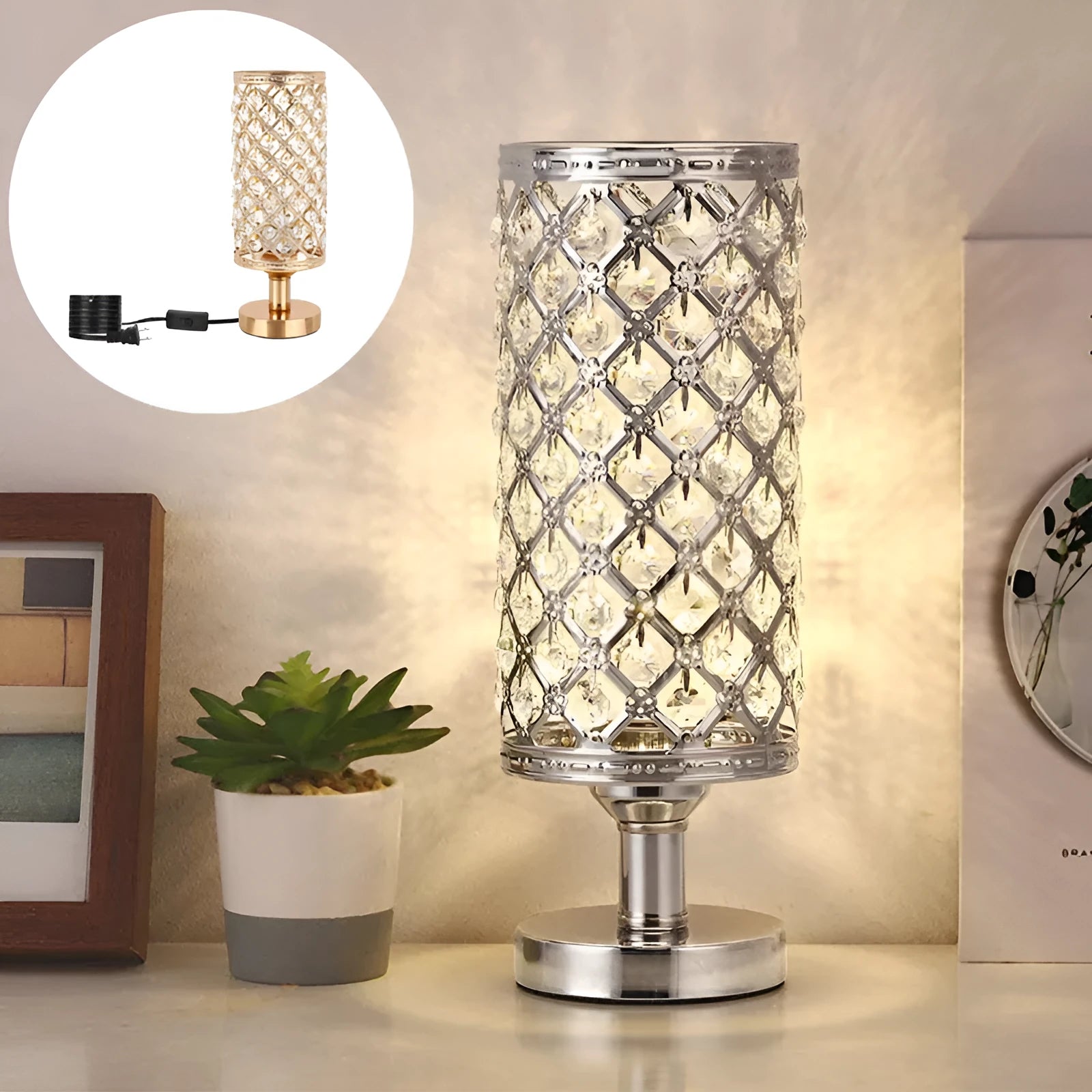 Modern crystal table lamp with gold metal base and hollow-carved crystal shade on a bedside table