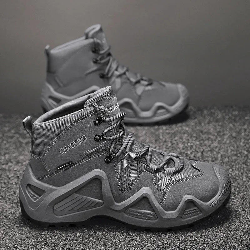 Men's high-top canvas tactical desert boots with rubber sole in black, grey, or khaki.