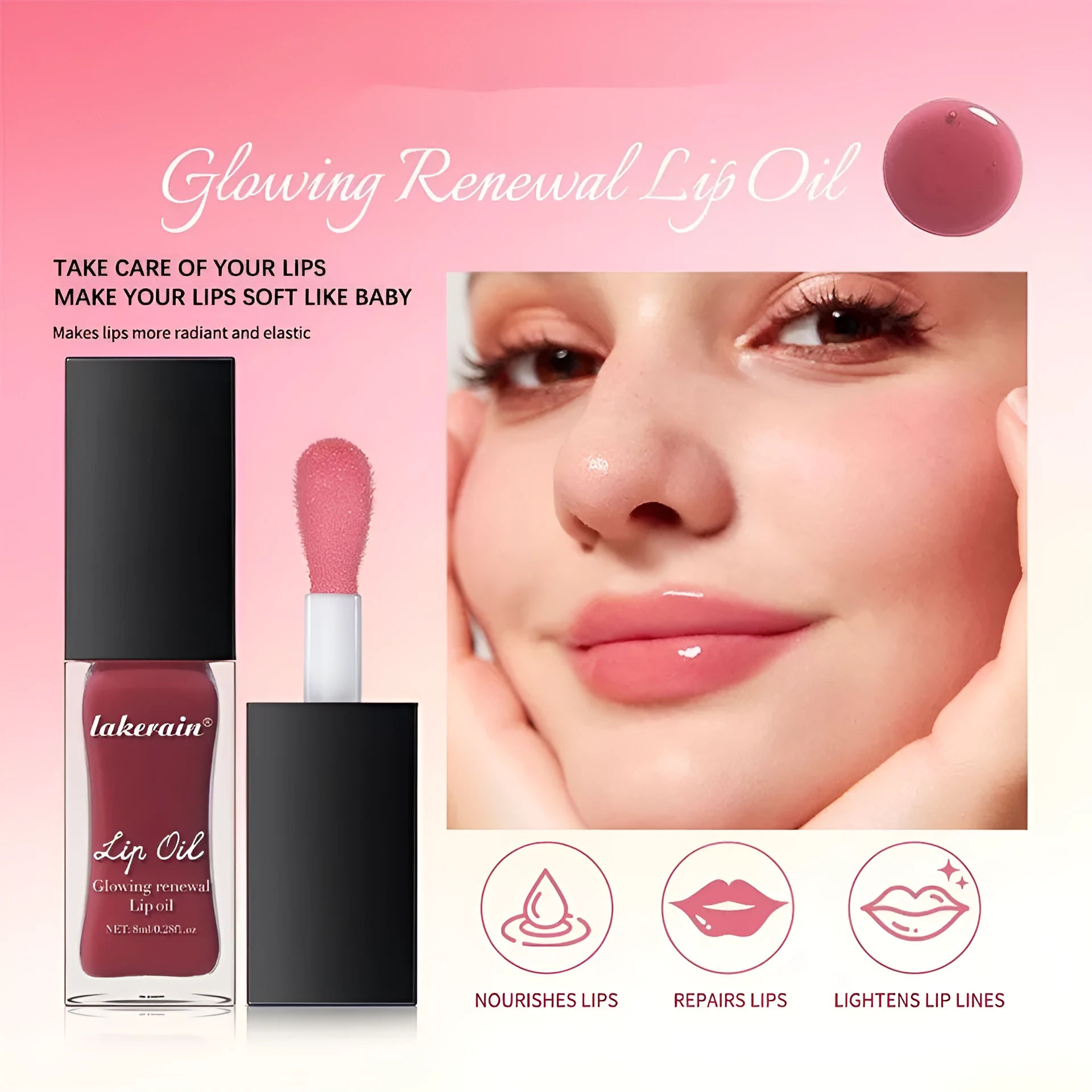Lakerain Colourful Lip Gloss bottle showing 8ml nourishing lip oil in one of seven available shades