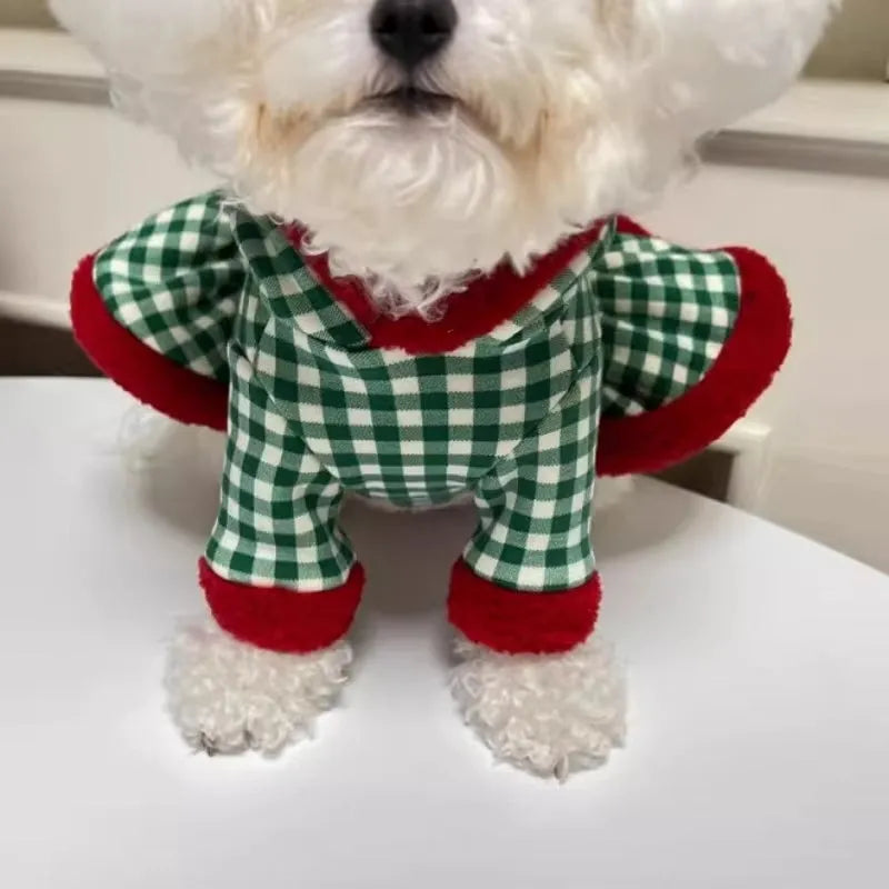 Plaid dog hoodie with snowman design in milk silk fabric, suitable for small breeds like Bichon Frise