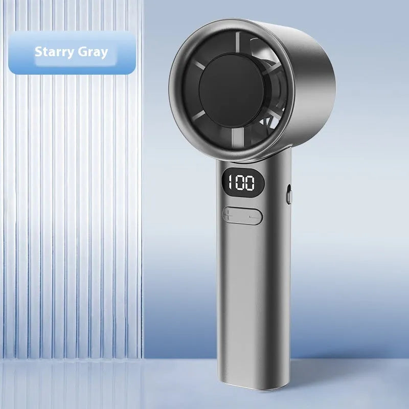 A handheld fan showing variable speed settings, USB port, and available in green, khaki, silver, or white.