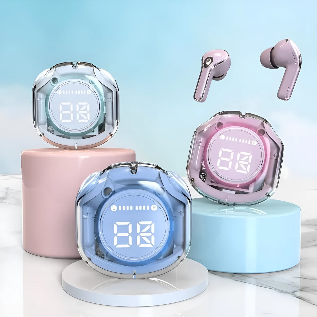 Transparent warehouse wireless Bluetooth in-ear headset in black, white, pink, sky blue, or violet colour.