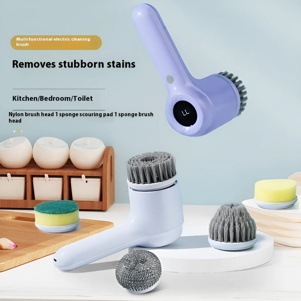 USB rechargeable electric cleaning brush in light grey or purple with waterproof charging for kitchen dishwashing