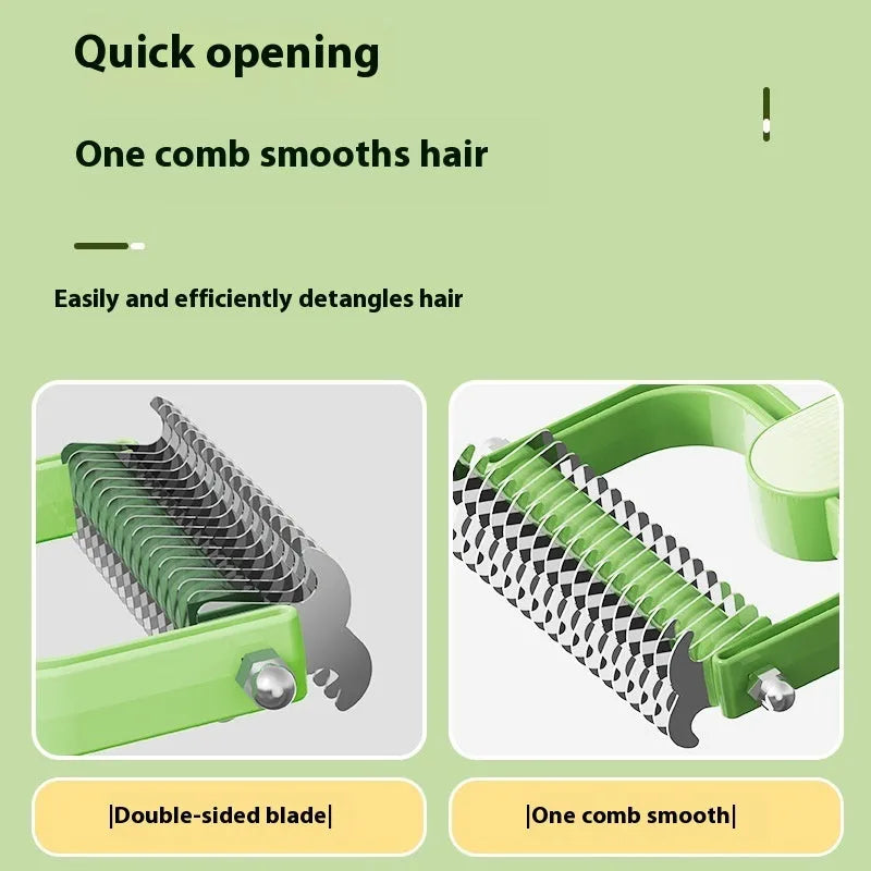 Green and grey pet hair unknotting comb for dogs with stainless steel teeth.