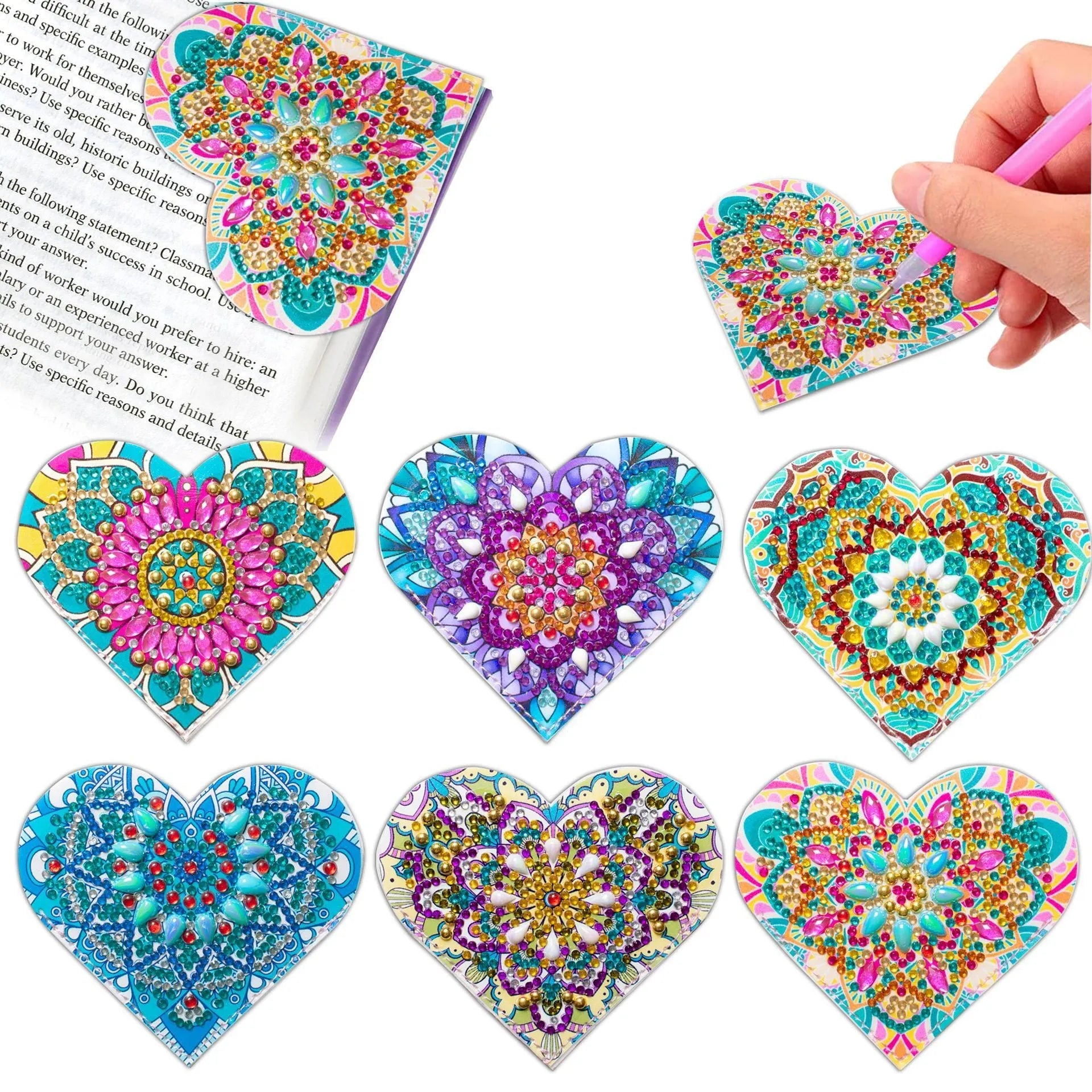 Handmade PU leather bookmark set with stick-on crystals and flower cornerite design, six pieces.