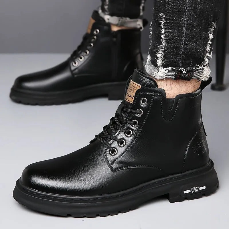 Men's black lace-up work boots with round toe and thick rubber sole for outdoor use