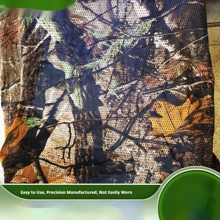 Polyester camouflage mesh fabric with square jacquard weave, six-side rhombus pattern, in bionic tree camouflage.