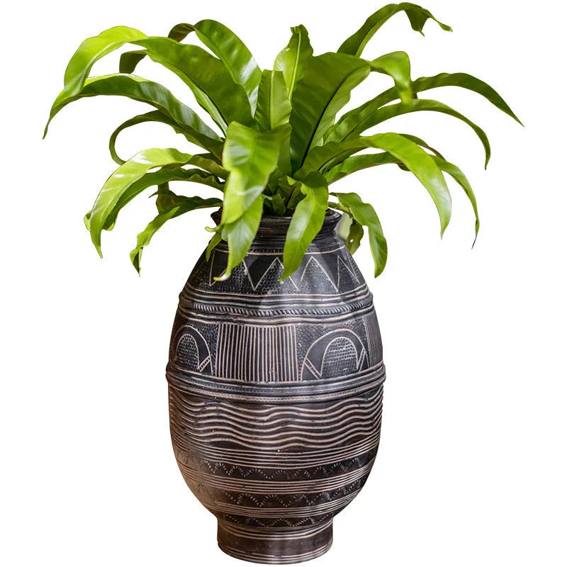 Medium cement African art decorative flower pot with ethnic design and drainage holes