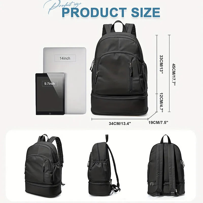 Waterproof polyester travel backpack in black colour showing curved shoulder straps and contrast stitching details