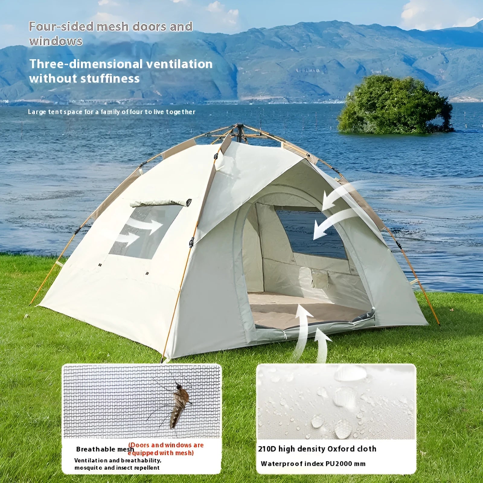 Cloud gray outdoor automatic folding camping tent with two doors and two windows, set up on grass with waterproof rainfly