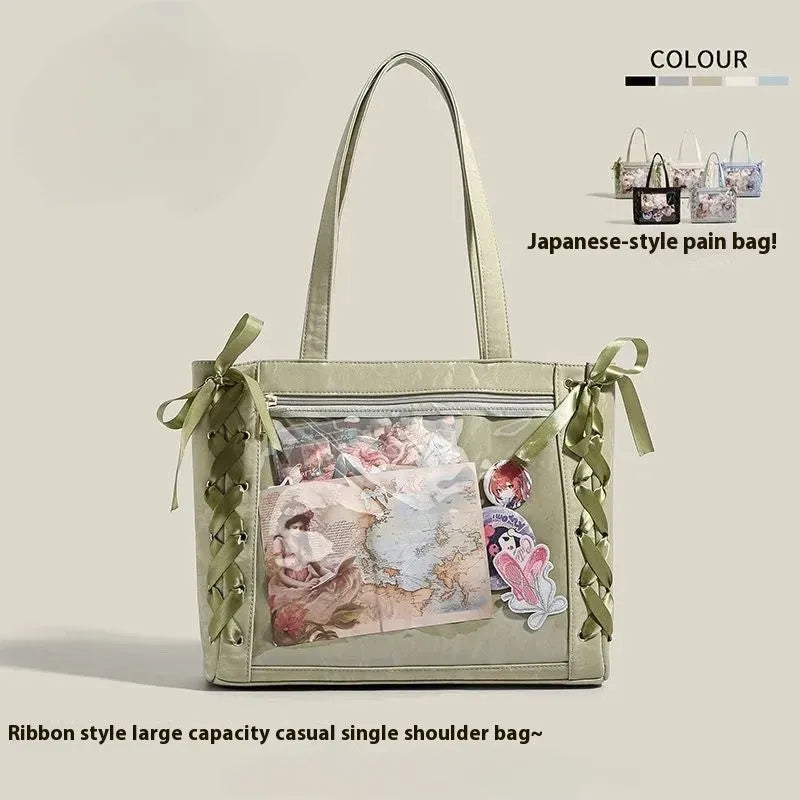 Transparent large capacity PU tote bag with double straps and zip pocket, shown in multiple colours.