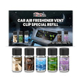 Car air freshener vent clip refill pack with five small bottles of scented liquid.