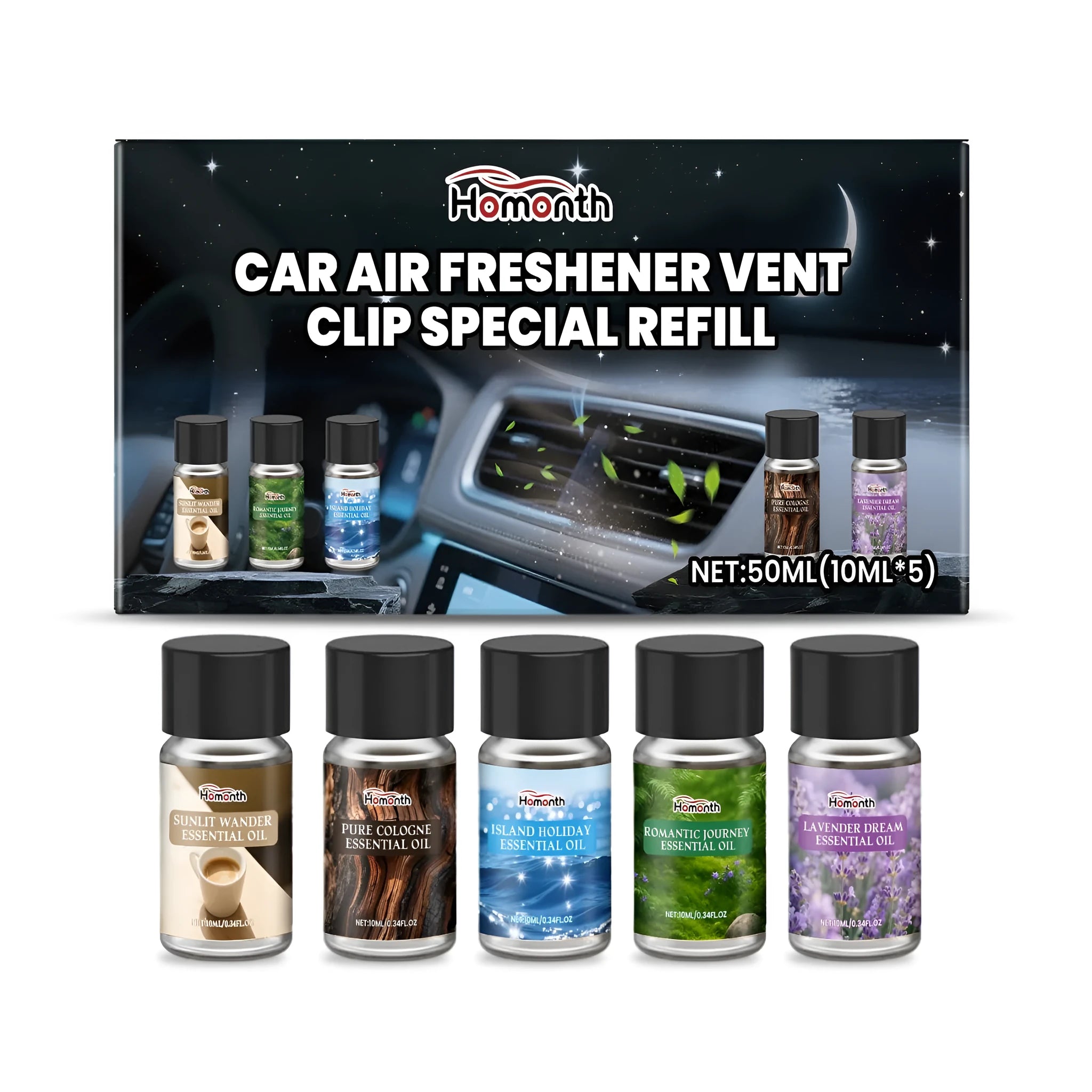 Car air freshener vent clip refill pack with five small bottles of scented liquid.