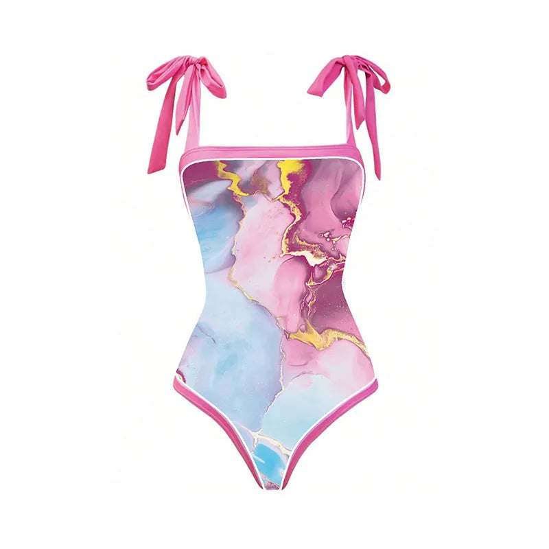 Women's pink printed sheath one-piece swimsuit with skirt for sun protection and swimming