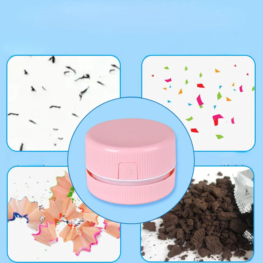 Blue and pink portable mini desktop vacuum cleaner for pencil shavings and small debris