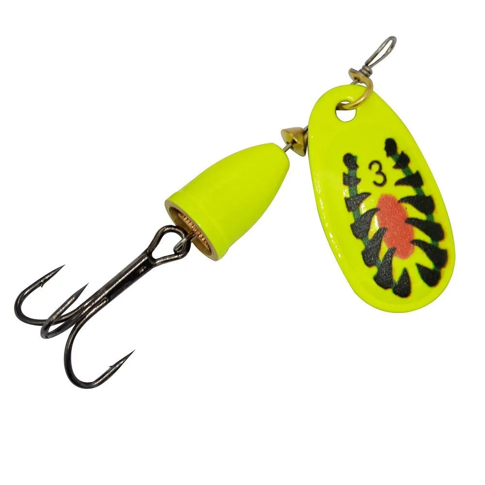 R composite rotating sequins and copper bell metal fishing lure in seven colour options on a blue background.