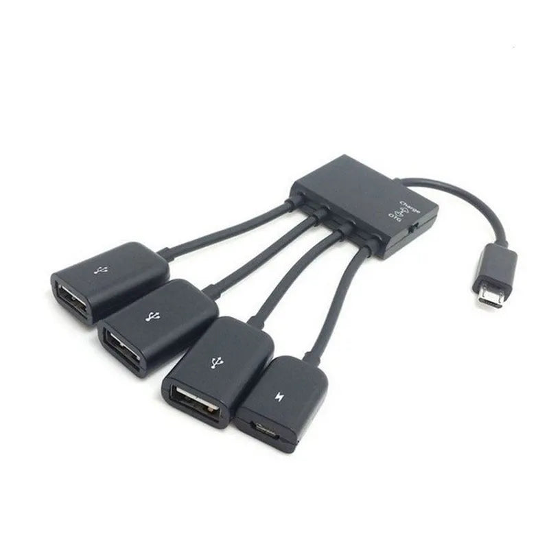 Black micro USB OTG one-to-four multi-port adapter with 0.25m cable for Android devices