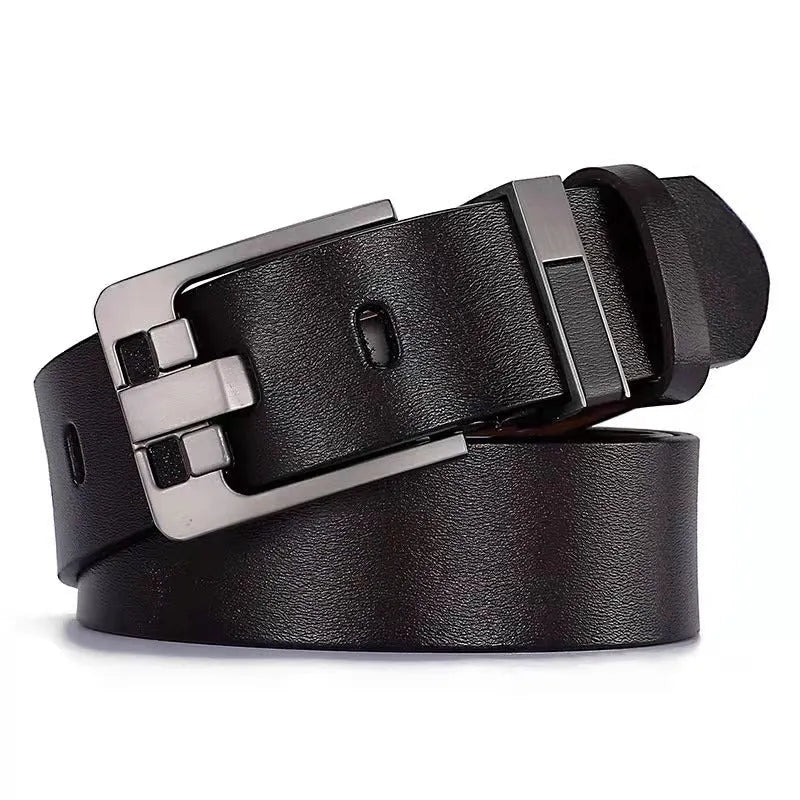 Men's retro belt in genuine cowhide leather with oversized wide alloy needle buckle, colour black