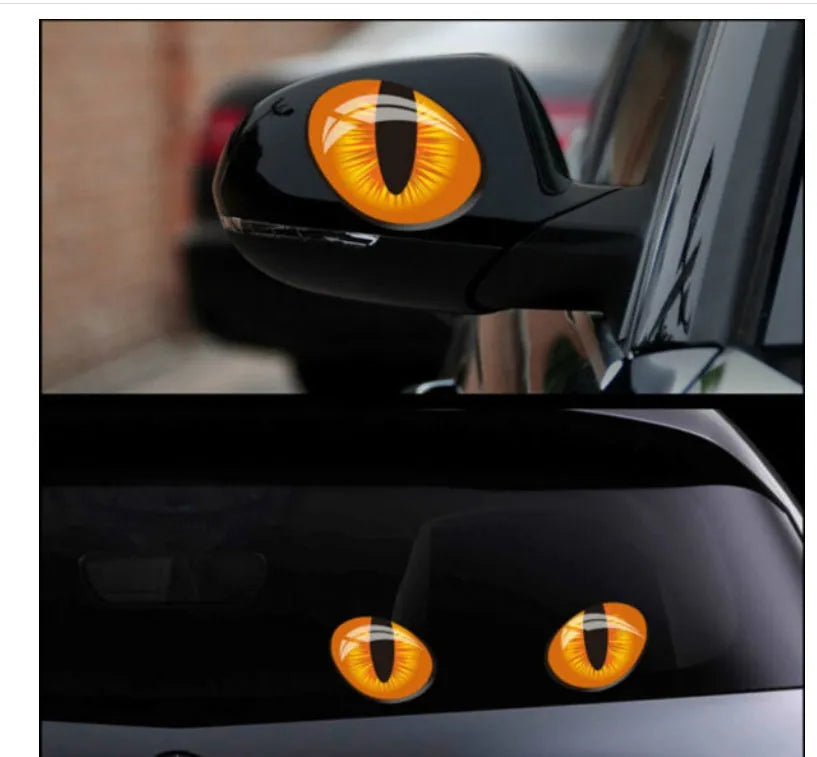 Green self-adhesive car rearview mirror sticker with three-dimensional cat eye design, 12x10cm