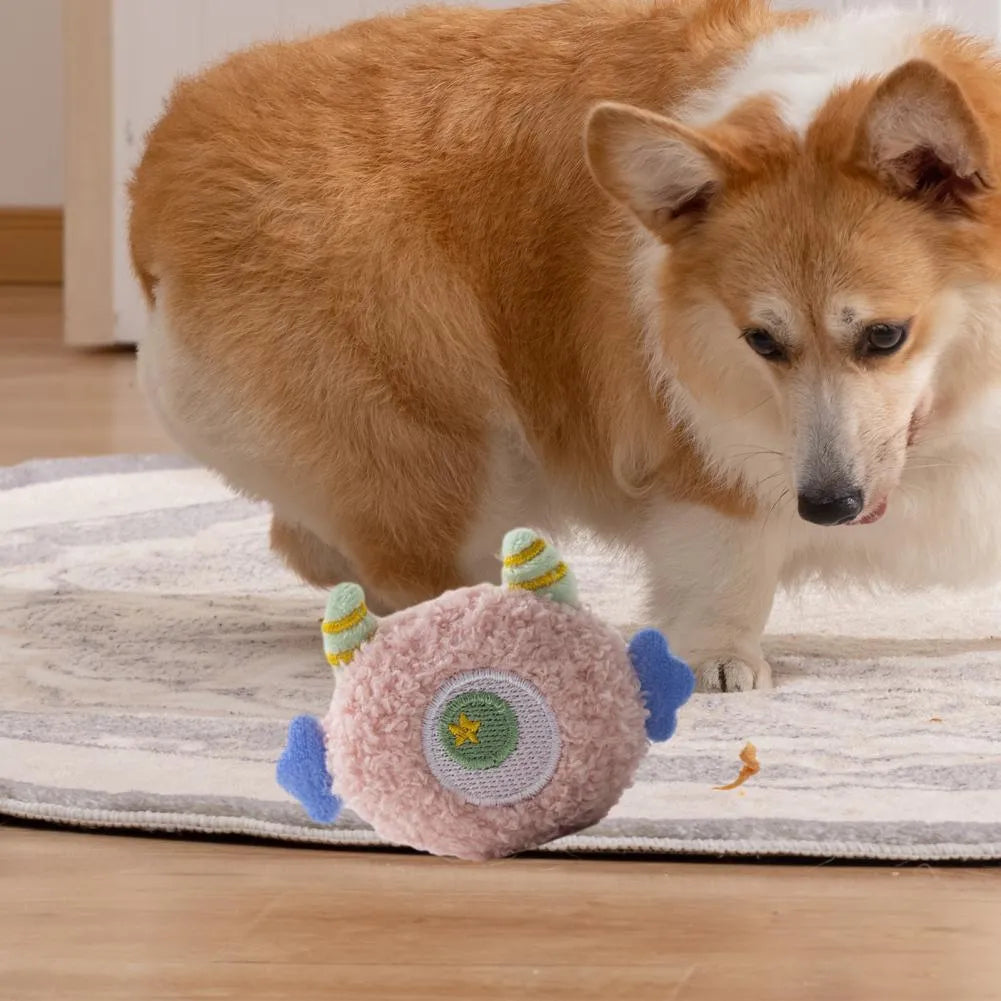 Cartoon plush squeaky dog chew toy with big eyes in grey, green, pink, white or yellow colours