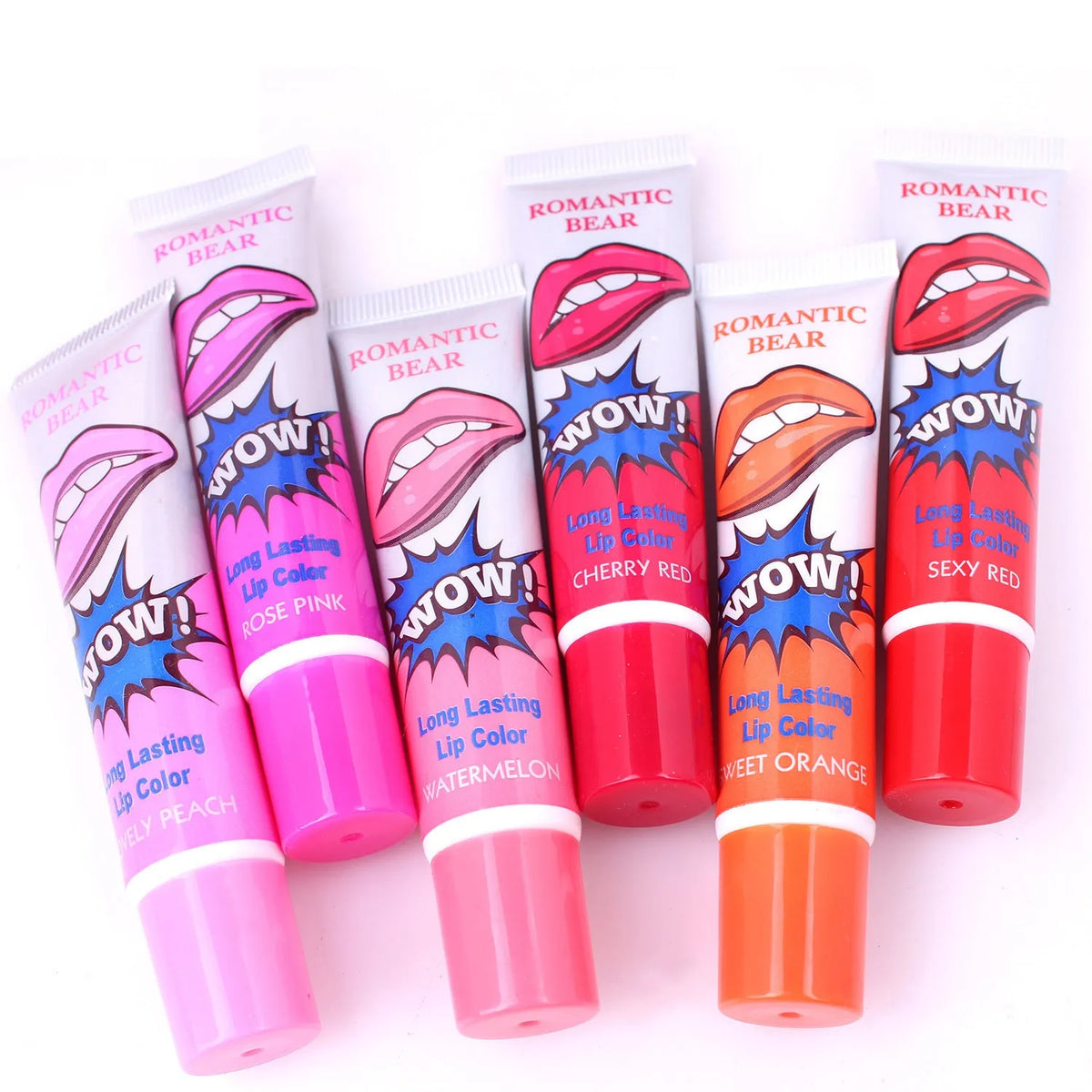 Set of six peel off liquid lipstick colours in Rose Pink, Cherry Red, Sex Red, Watermelon, Lovely Peach, and Sweet Orange