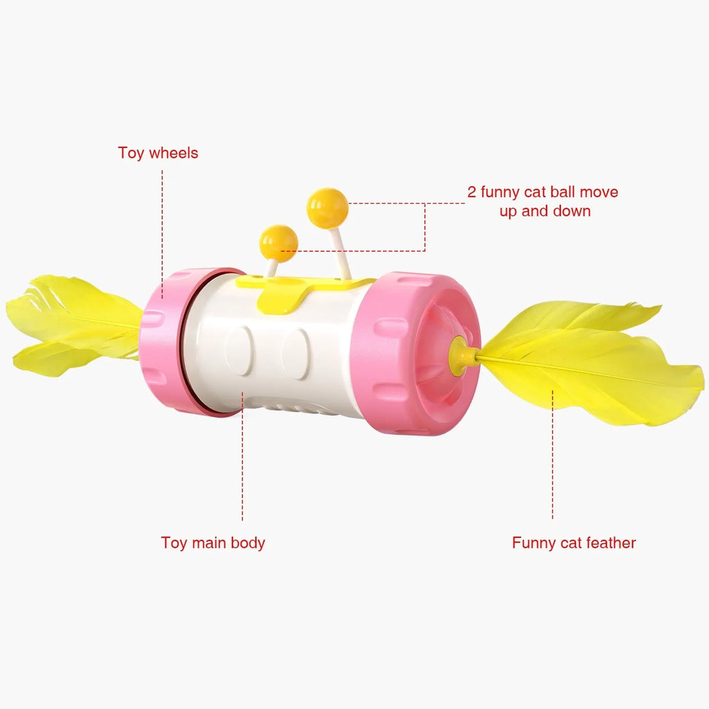 Extendable blue cat toy stick with a colourful rotating feather ball for interactive pet play.