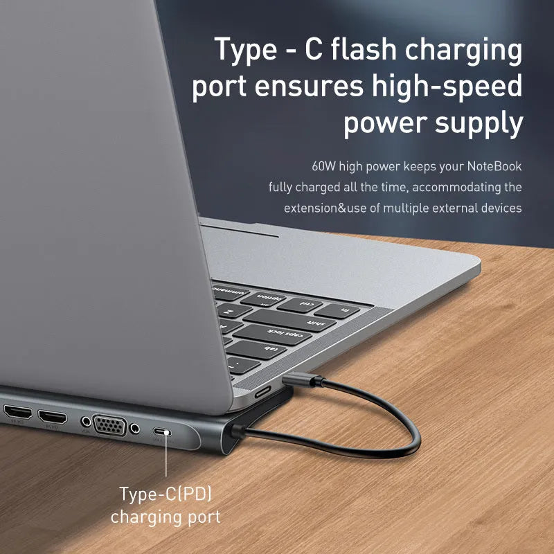Aluminium alloy USB-C docking station with cooling bracket, ten ports including HDMI and VGA.