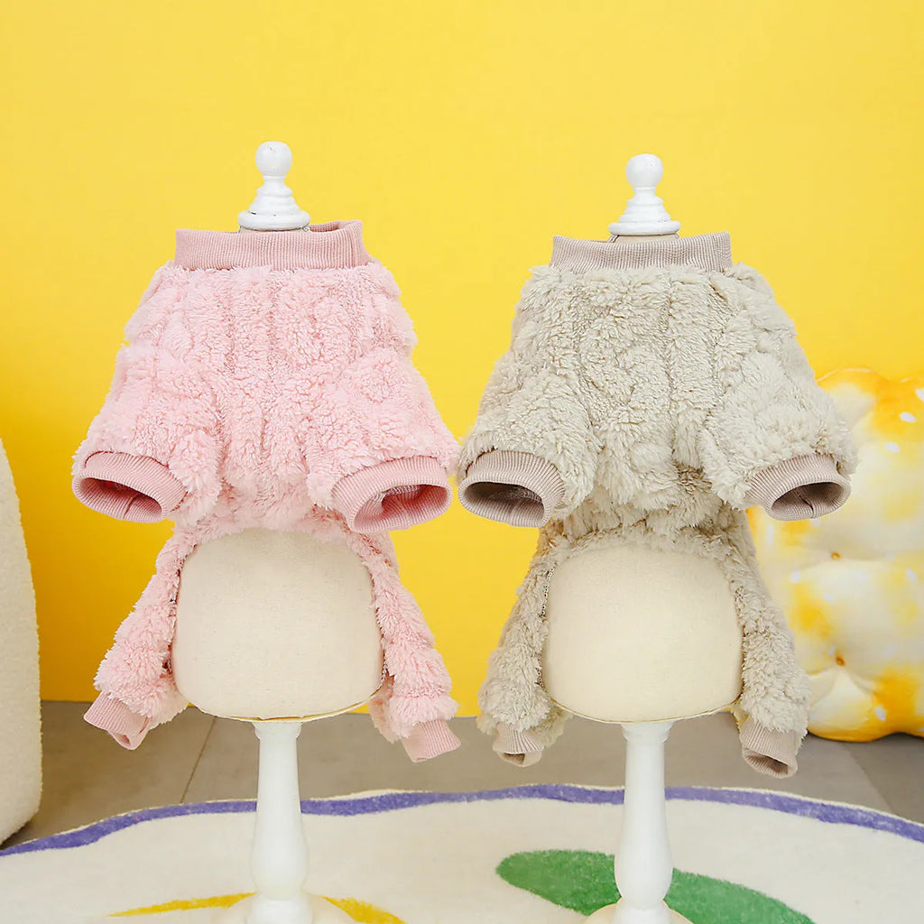 Four-legged polyester dog fleece jacket in khaki, pink, red, or yellow, sizes L M S XL XXL