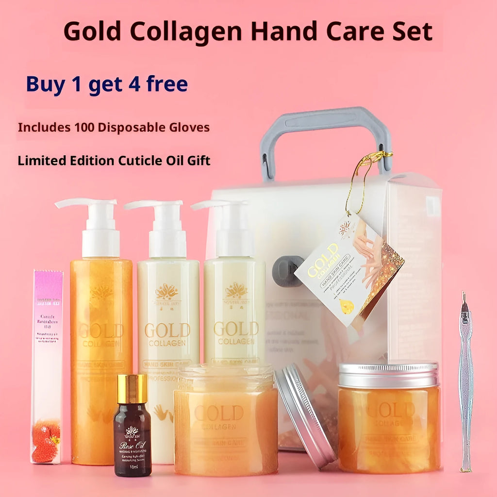Gold Collagen Hand Care Set with six items including cleansing gel, scrub gel, massage cream, hand mask, hand cream and rose essential oil.