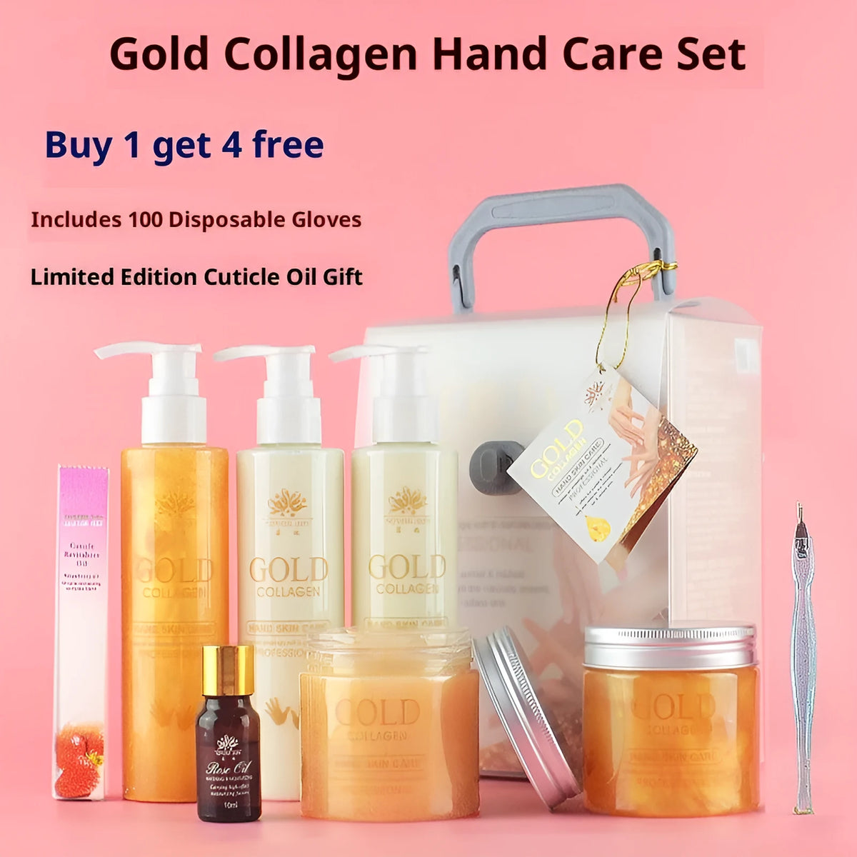 Gold Collagen Hand Care Set with six items including cleansing gel, scrub gel, massage cream, hand mask, hand cream and rose essential oil.