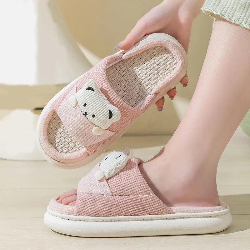 Cartoon bear women's house slippers with thick mute sole in blue, brown, green, pink, and yellow