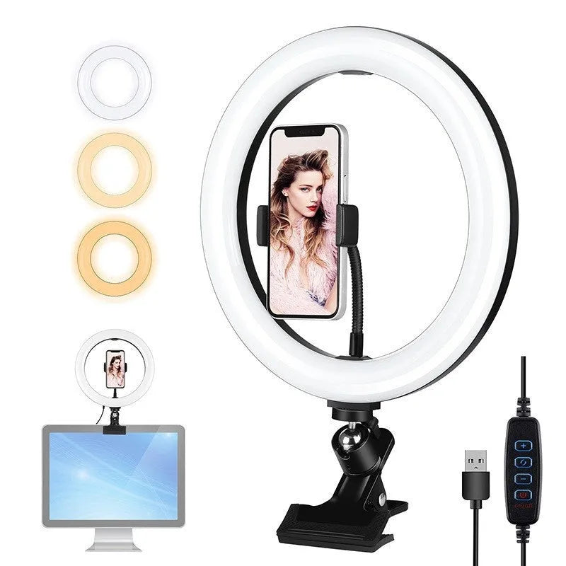 26cm desktop continuous ring light with strong clip, USB powered, 3200-5600K colour temperature, CRI above 95