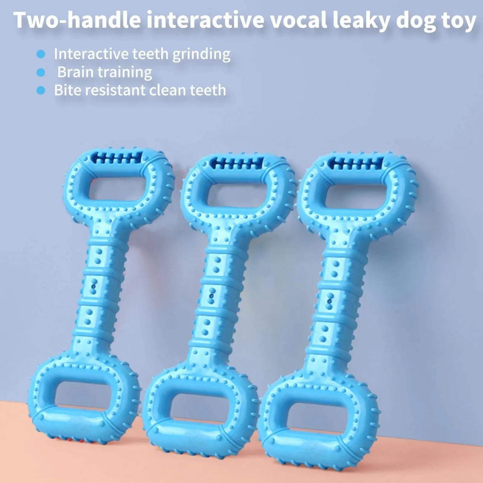 Blue dog bone toy with pull band for aggressive chewers