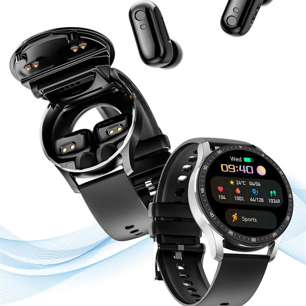 Black X7 smartwatch with integrated TWS earphones displayed on wrist, showing large HD touchscreen.
