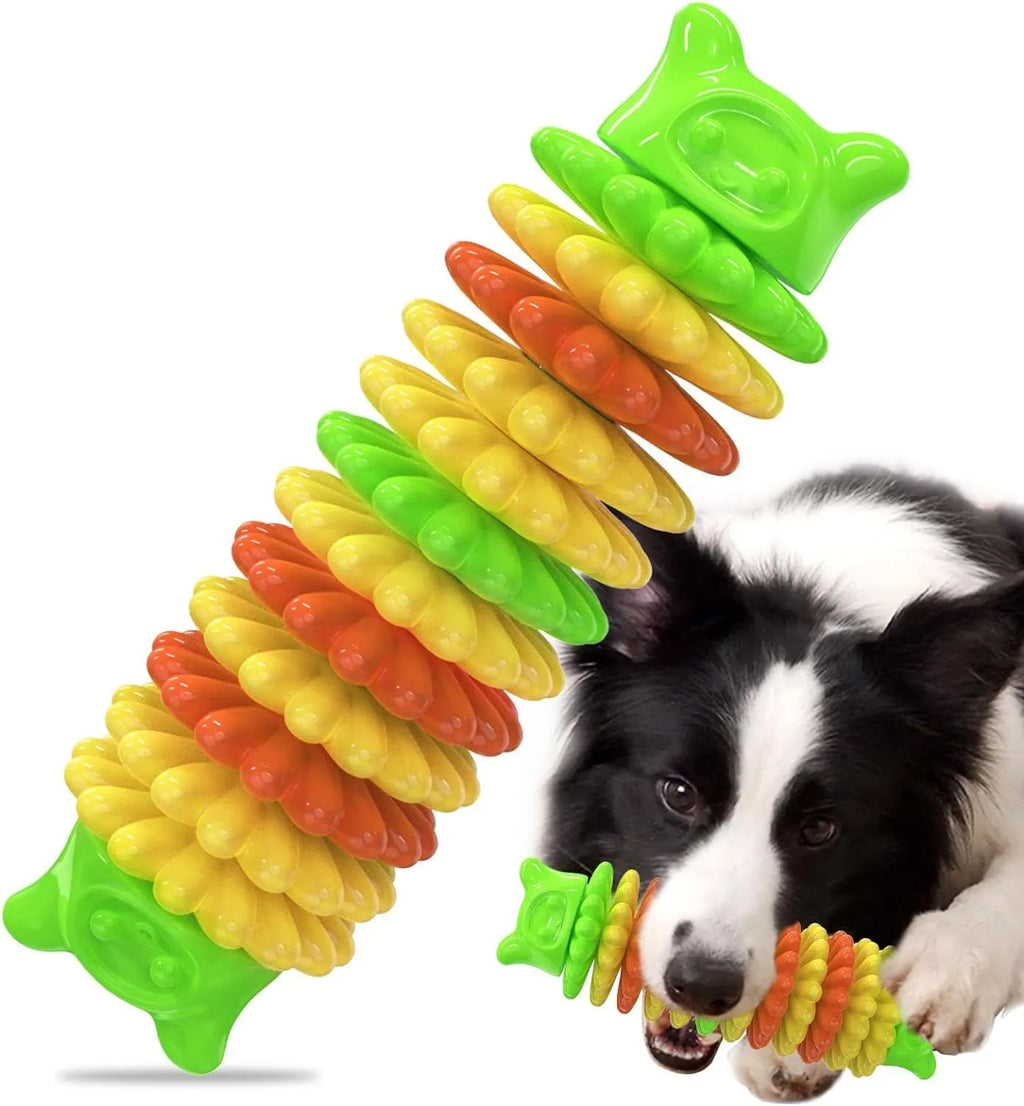 Blue, green, and pink caterpillar-shaped rubber dog chew toy for aggressive chewers.