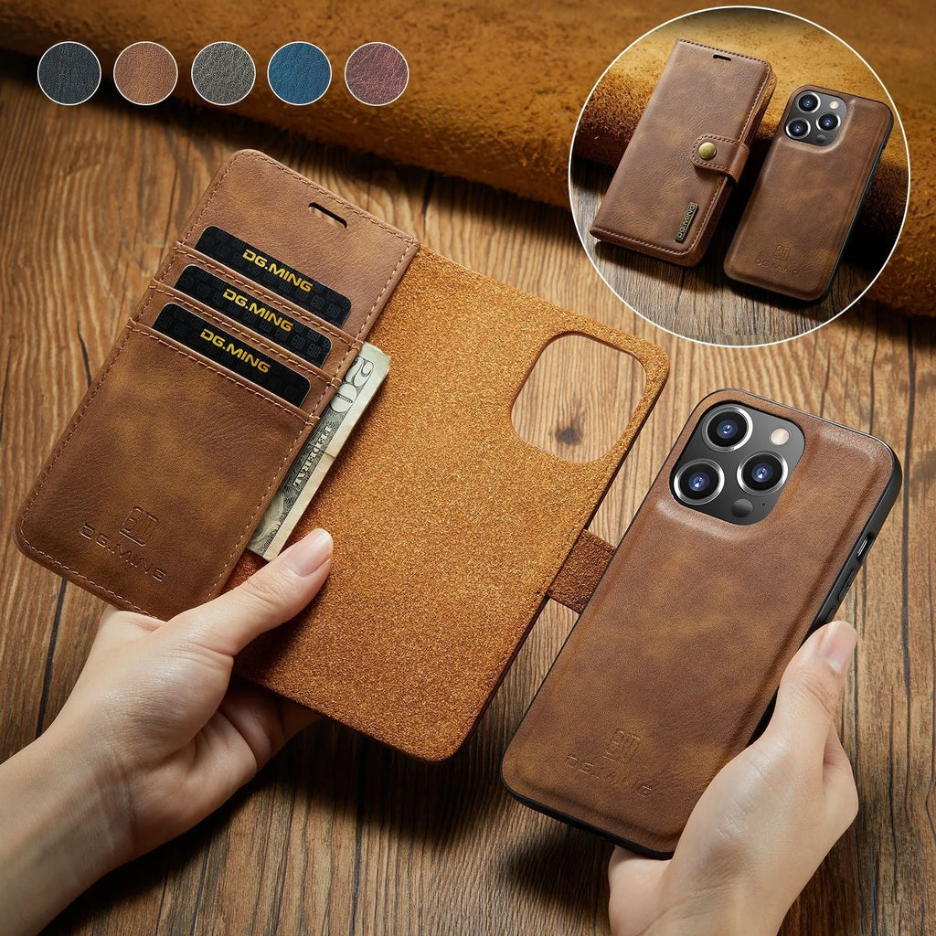 Split leather phone case with card slots and magnetic closure in black for iPhone
