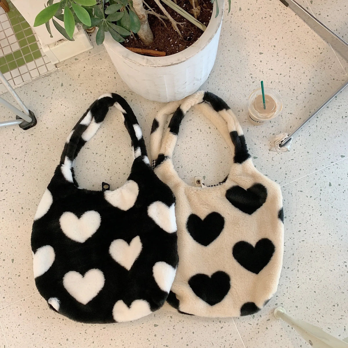 Love heart double side plush shoulder bag in beige with soft handle and double straps